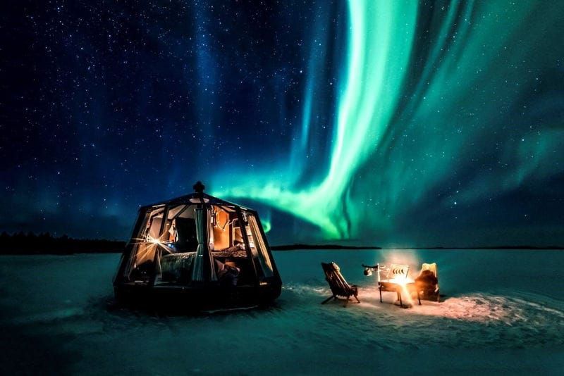 finlande laponie inari hotel wilderness nangu aurora hut aurores boreales lac neige o-nord