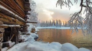 Finlande Laponie Muonio Nivunki Village Äkäsmylly lac lever de soleil neige arbres enneigés voyage o-nord