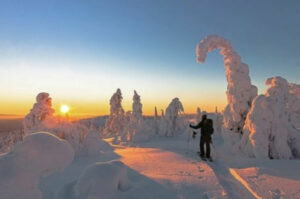 Finlande Laponie Muonio Nivunki Village balade raquettes arbres enneigés pourdreuse lever soleil voyage o-nord