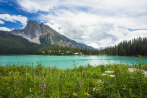 Canada Alberta Banff Emerald Lake Lodge montagnes lac fleurs été nuages forêts pont voyage o-nord