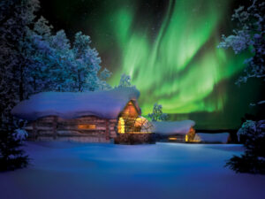 Finlande Laponie Ivalo Saariselkä Kakslauttanen Arctic Resort chalet en bois Kelo neige hiver arbres voyages o-nord