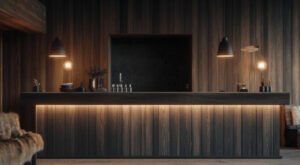 Finlande Laponie Äkäslompolo Riekko Lodge bar comptoir chaises table hiver neige voyages o-nord