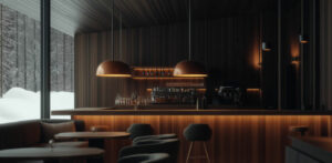 Finlande Laponie Äkäslompolo Riekko Lodge bar comptoir chaises table hiver neige voyages o-nord