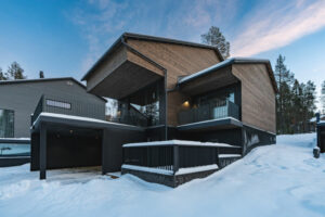 Finlande Laponie Levi Arctic Nook villa extérieur jour neige arbres voyages o-nord