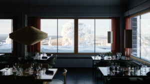 Finlande Laponie Pikku-Syöte restaurant Kotva cuisine locale baies vitrées paysage hivernale collines neige panorama voyages o-nord