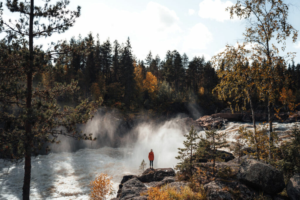 Suède Overkalix Jockfall vue eau forêt automne rochers arbre paysage voyages o-nord