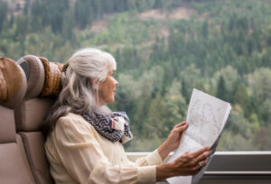 Canada Colombie Britanique Rocky Mountaineer vue siège personne carte forêt paysage voyages o-nord