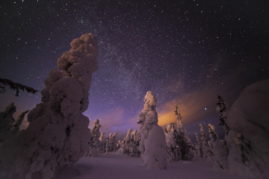 Finlande Laponie Ruka Rukan Salonki Resort aurores boréales neige ciel étoiles arbres voyages o-nord
