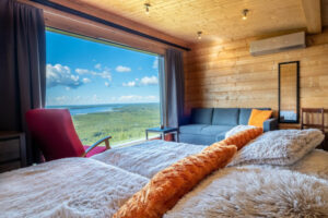 Finlande Séjour Hotel Giant Arctic Birdhouse Nichoir Vue intérieur chambre vitre lac foret neige Chalet voyage o-nord