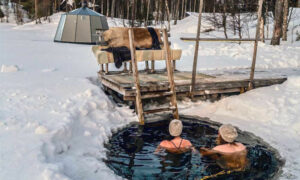 Finlande Ruka Kuusamo Wilderness Lodge Isokenkaisten Klubi sxéjour hotel Sauna eau gelée détente relaxation voyage o-nord