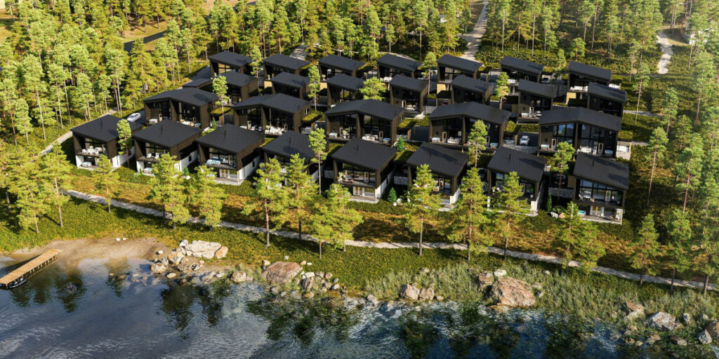 Finlande Tahkovuori Tahko Lakeside VIllas aérien vue foret plan ouverture nouveauté nature lac luxe design appartement voyage o-nord
