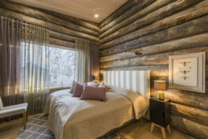 Finlande Laponie Ruka Villa Rinnekaltio Séjour Hébergement Luxe Nature Intérieur Chambre Bois Décoration Design Hiver Voyage O-Nord