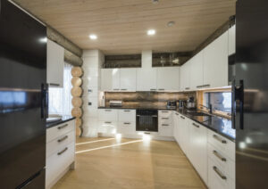 Finlande Laponie Ruka Villa Rinnekaltio Séjour Hébergement Luxe Nature Intérieur Bois Décoration Design Cuisine Voyage O-Nord